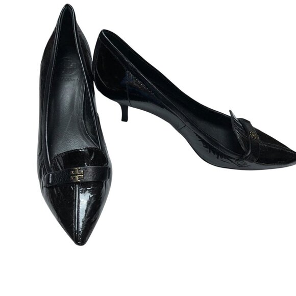 Tory Burch Black Patent Leather LOGO pointed toe kitten heels pump shoes 7 1/2 - Picture 1 of 5